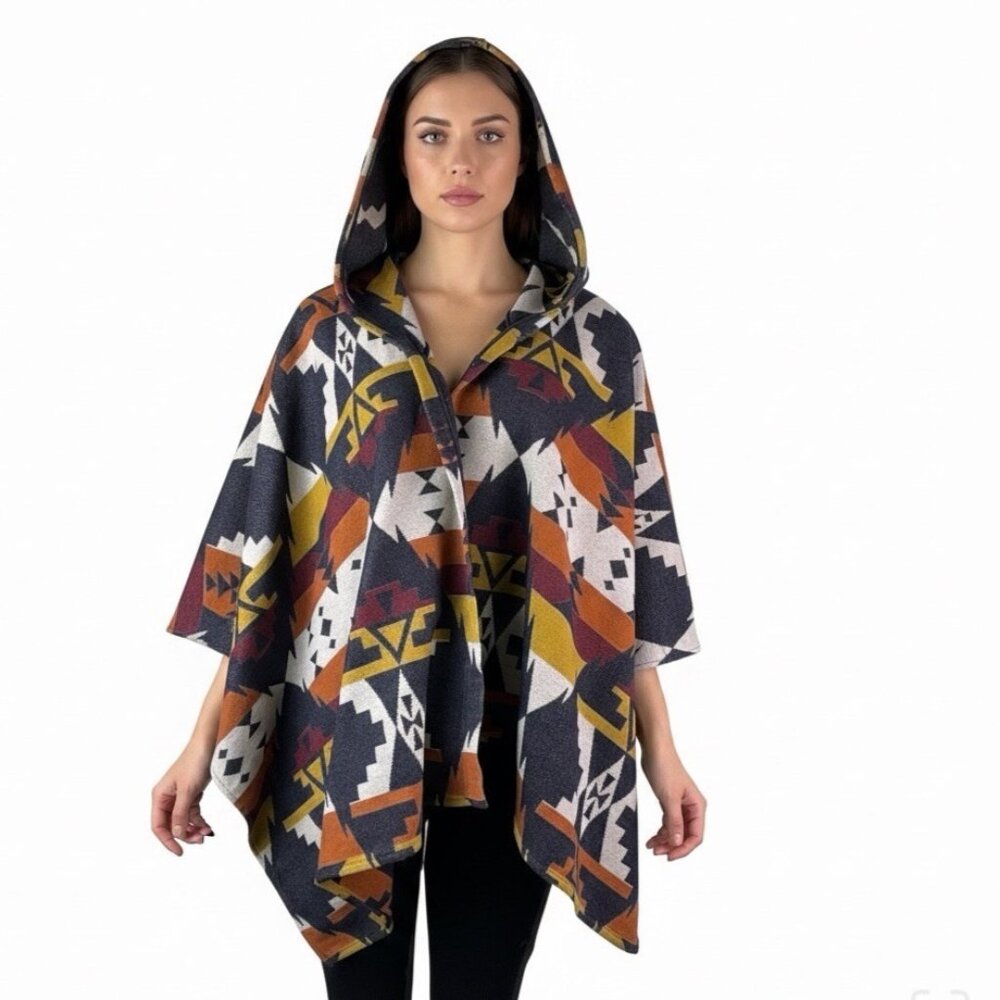 Pinko Womens Multicolor Wool Blend Hooded Poncho Geometric Pattern One Size